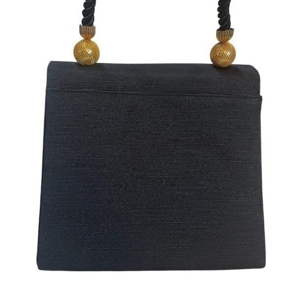 Women Evening Bag Black Gold Finish Design and Rope Straps Inside Flap Pocket - Picture 6 of 16
